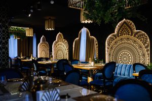 Restaurant decor with chairs in blue shades