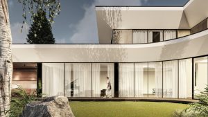 Proiect de arhitectură și design modern in culori deschise și geamuri mari pentru senzație de aerisire