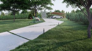 Casă premium in spațiu rural proiectată, cu alee și copertină pentru mașini