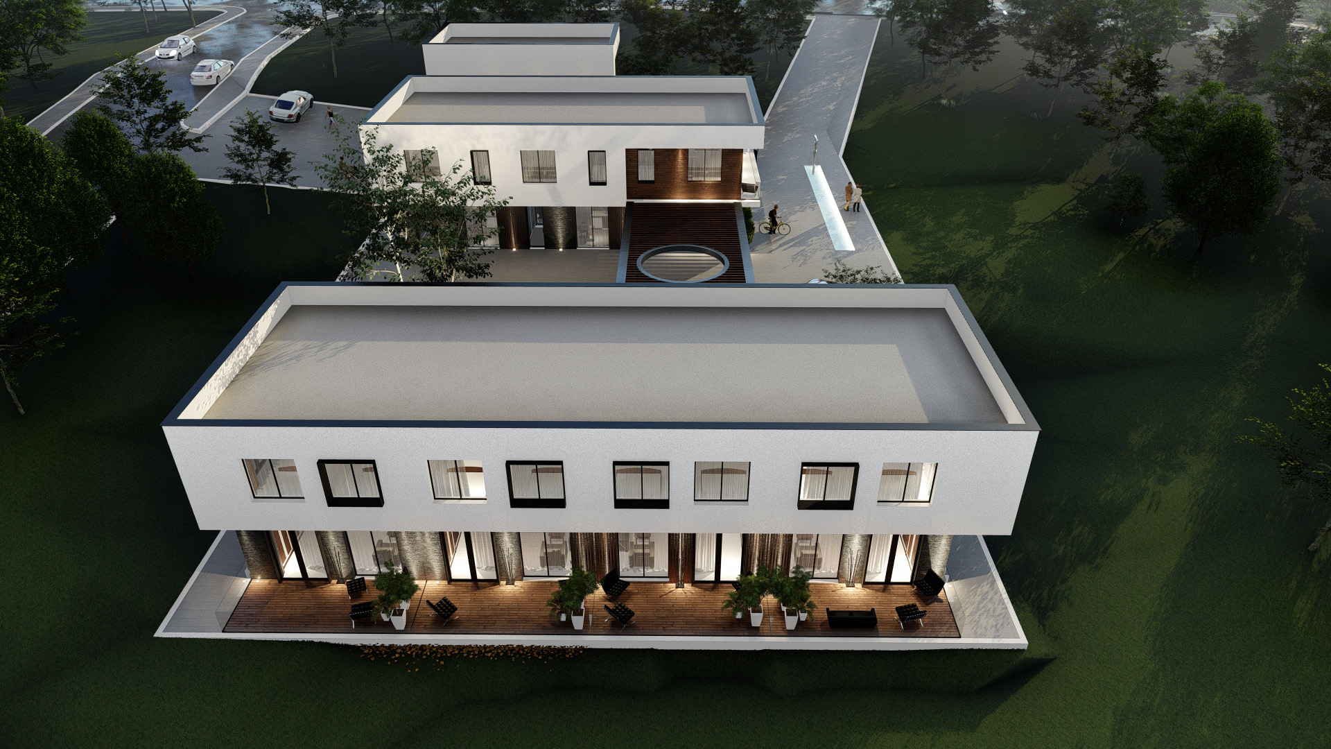 Complex de locuințe cu parter și un etaj cu zone de balcon și terase