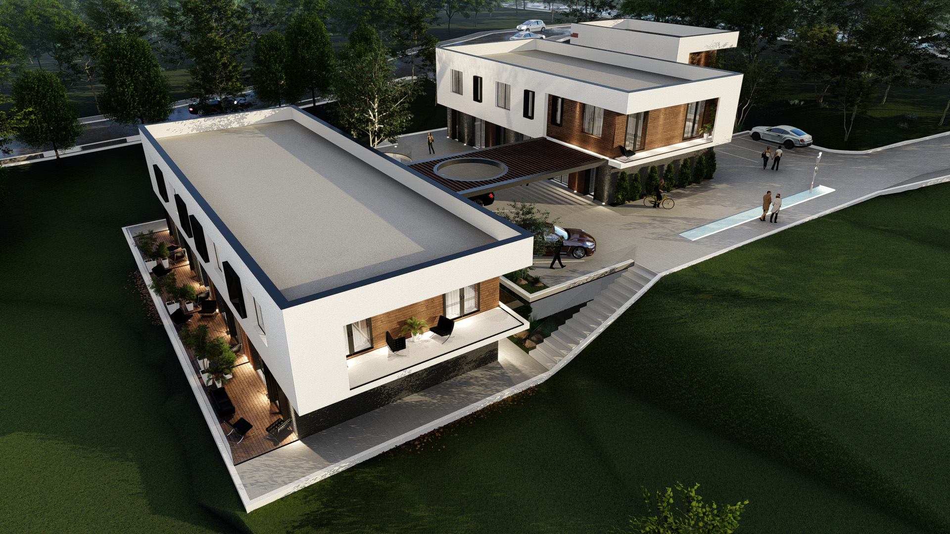 Complex rezidențial cu spațiul comun cu fluiditate datotiră scărilor care unesc niveluri diferite