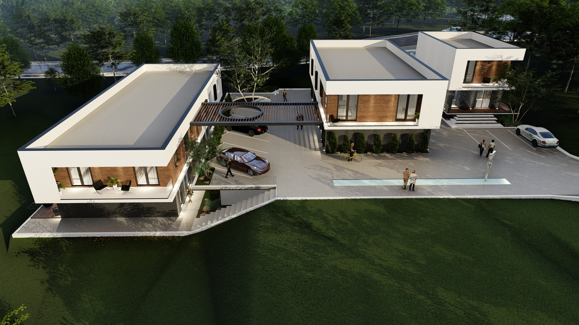 Complex de locuințe din materiale naturale și lemn ce creează atmosferă caldă și comodă