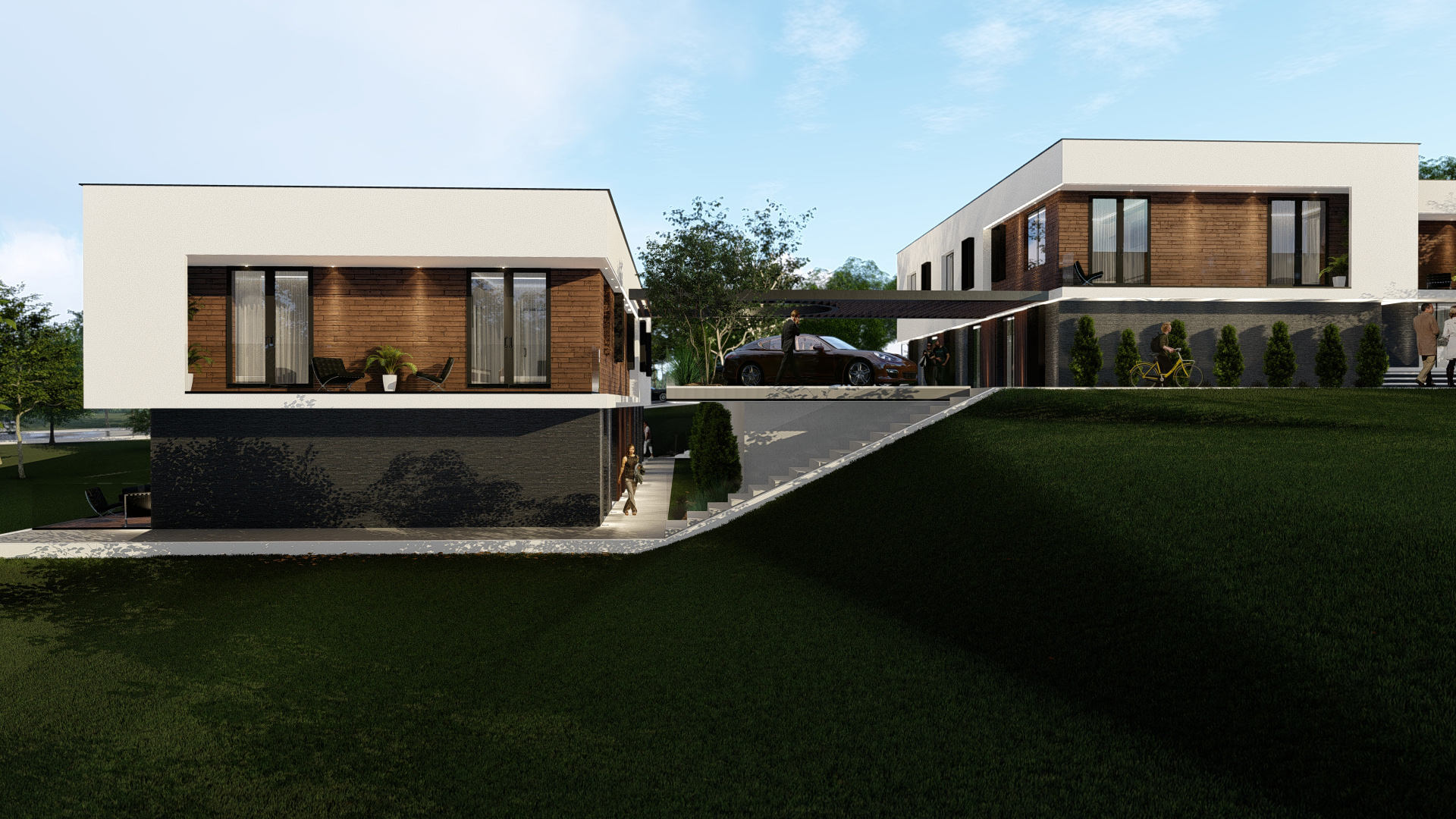 Complex de case cu trei zone, teren de plimbări și scări comode ce unesc aceste trei nivele