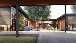 Proiect de arhitectură pentru casă din lemn cu terasă din lemn și o alee armonioasă în grădină