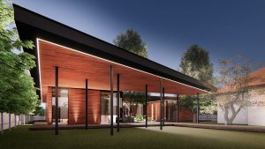 Casă in stil japonez cu copertina proiectată pe întreg perimetrul casei