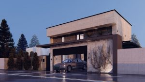 Design interior casă modernă cu curte interioară și teren de joacă