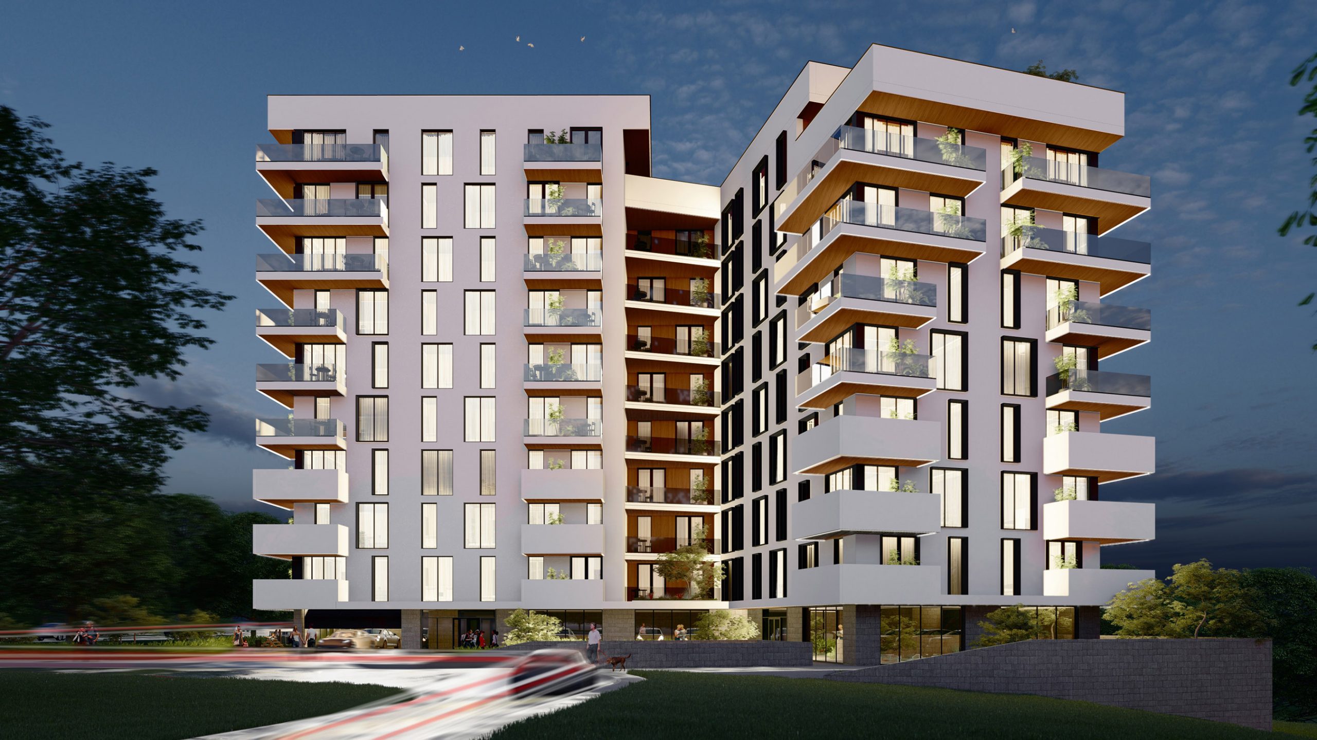 Proiect de bloc locativ in stil modern cu locuri de parcare și un teren de joacă