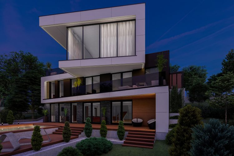 Proiect arhitectural stilului modern in designul casei contemporane cu gradina in curte si bazin la aer liber