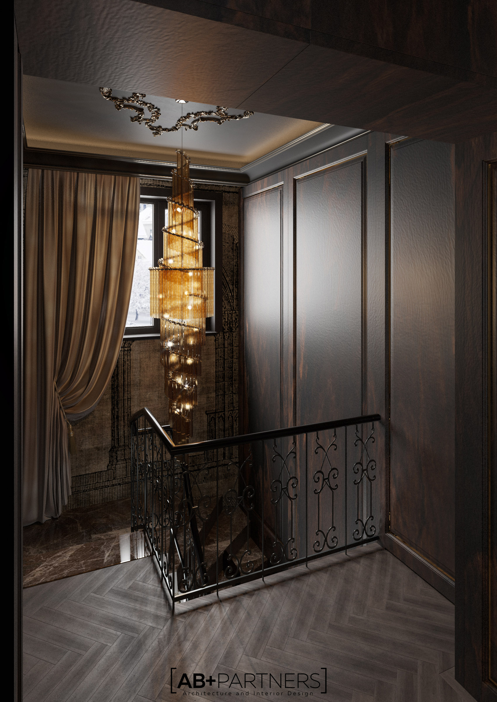 Scara care leaga doua nivele ale casei, design interior de la ab+partners