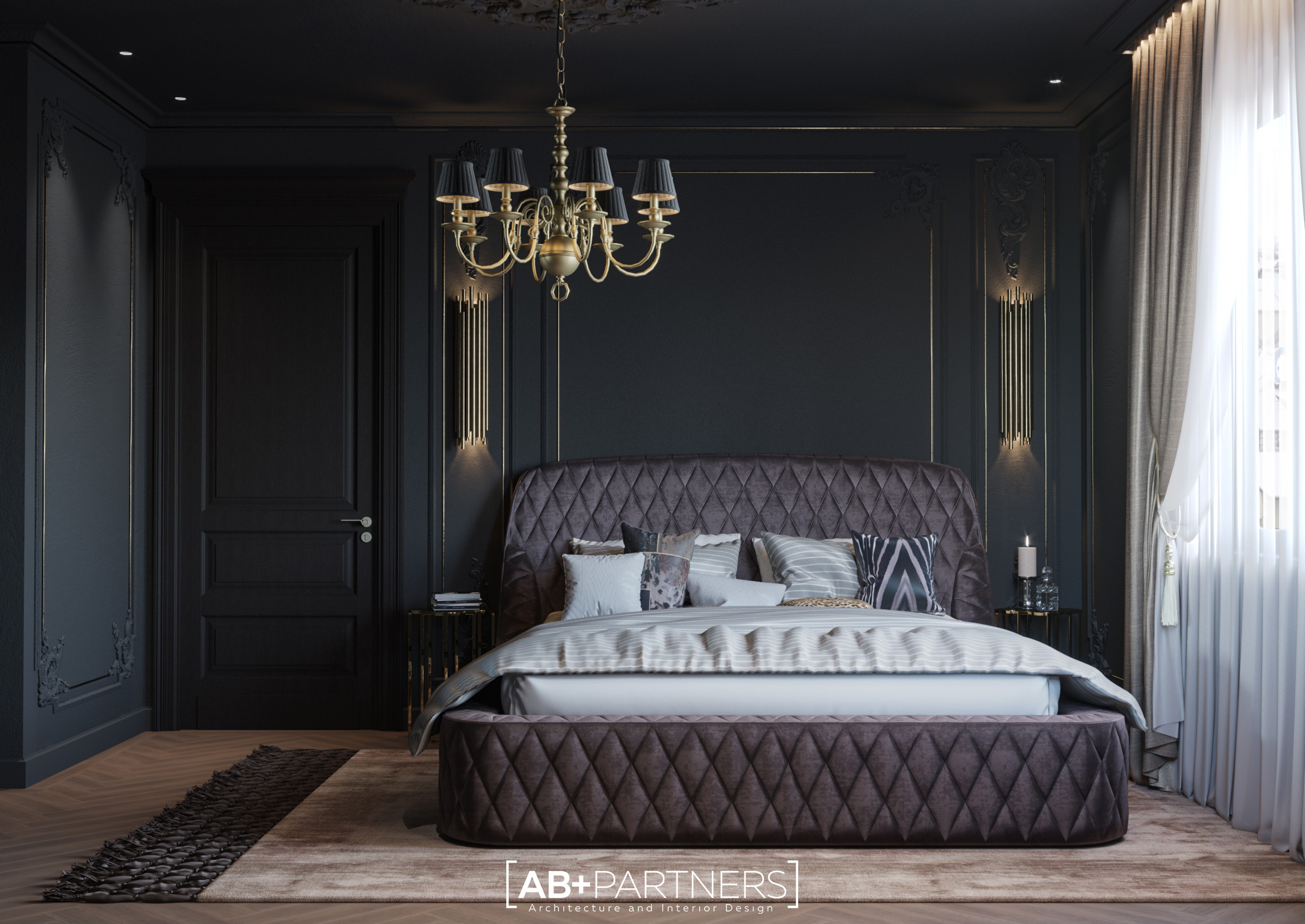 Design interior in nuante gri cu geamuri panoramice, dormitor etajul 3