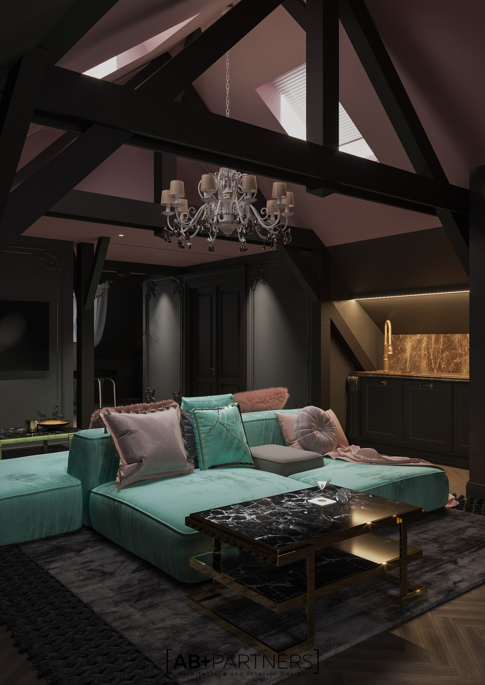 mansarda camera de living room in nuante de menta si roz, ab and partners